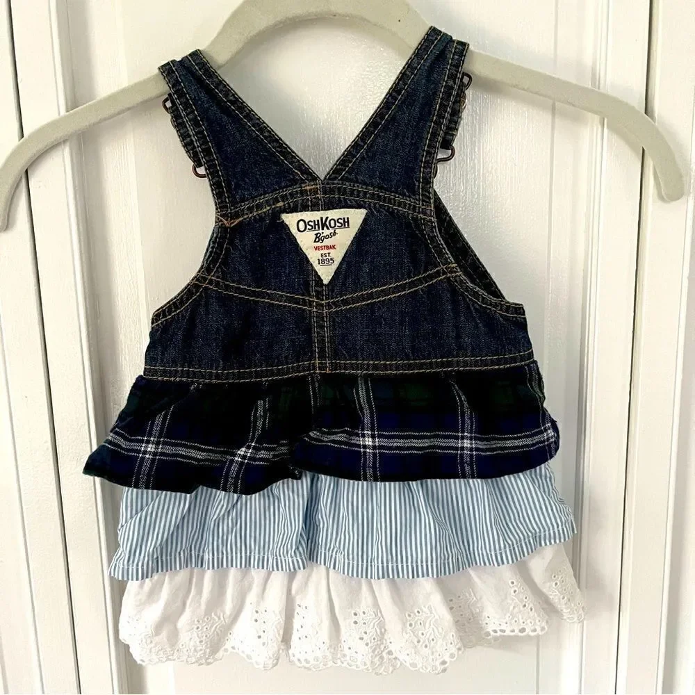 OshKosh B'Gosh Baby Girl 3 Tier Denim, Pinstripe, Eyelet Jumper Dress 9 months